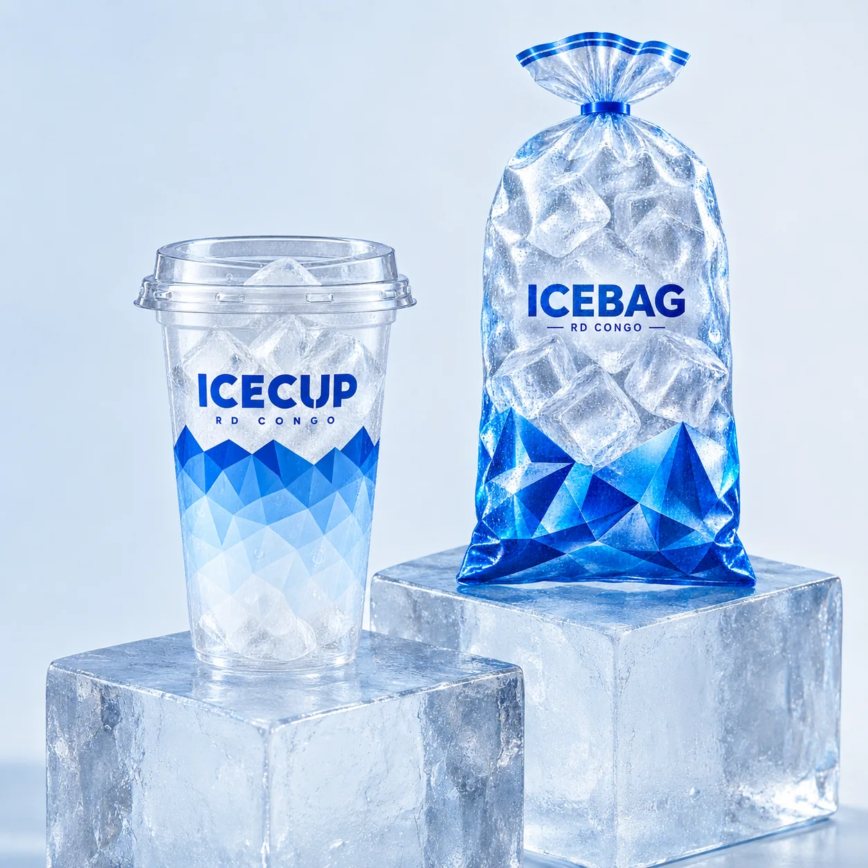 ICECUP et ICEBAG présentés sur deux socles cubiques en glace transparente