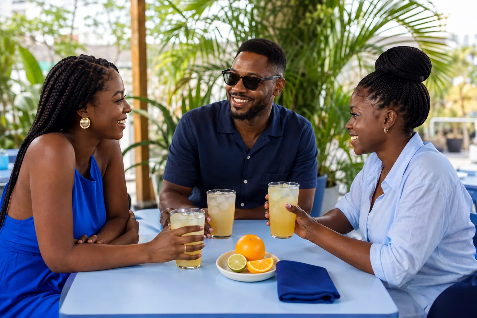 Trois amis partagent des boissons fraîches autour d’une table en terrasse