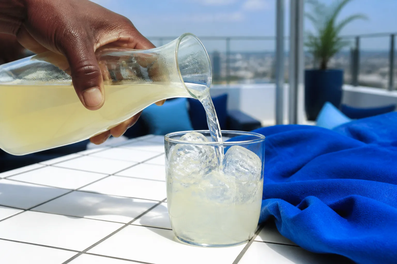 Une boisson aux agrumes versée sur des glaçons, sur un comptoir en terrasse